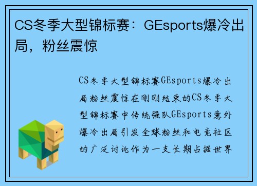 CS冬季大型锦标赛：GEsports爆冷出局，粉丝震惊